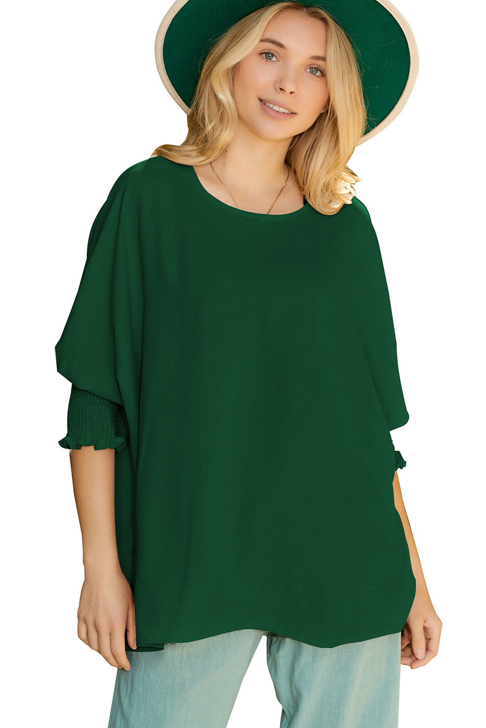 Apricot Solid Casual Smocked Cuffs Batwing Sleeve Blouse - Cowaa