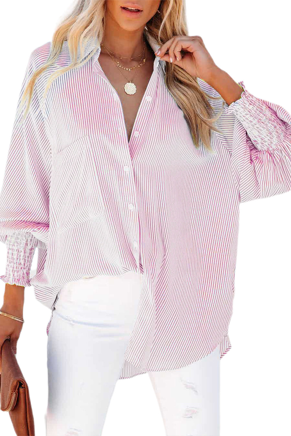 Black Striped Casual Shirred Cuffs Shirt - Cowaa