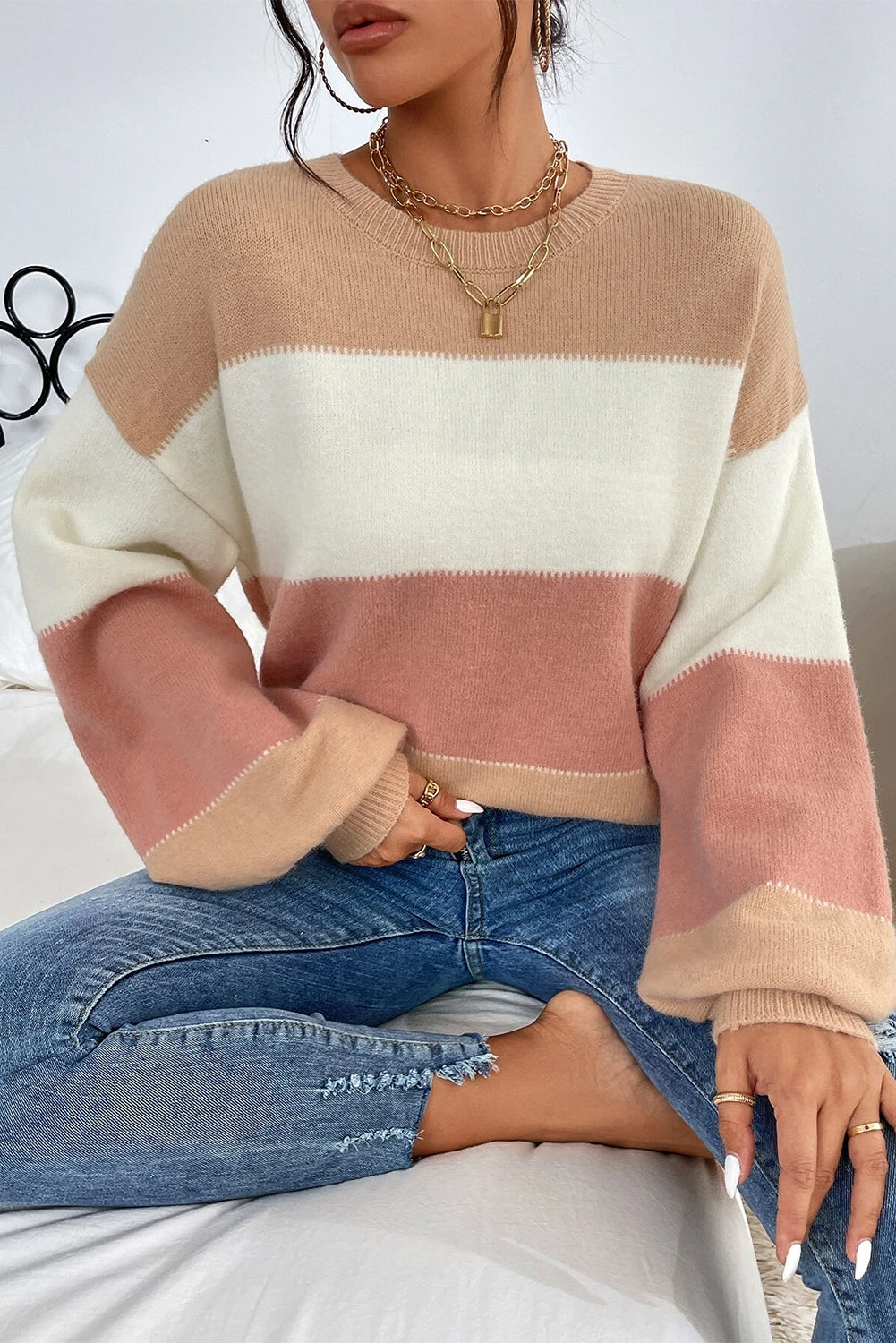 Dusty Pink Color Block Drop Shoulder Sweater - Cowaa
