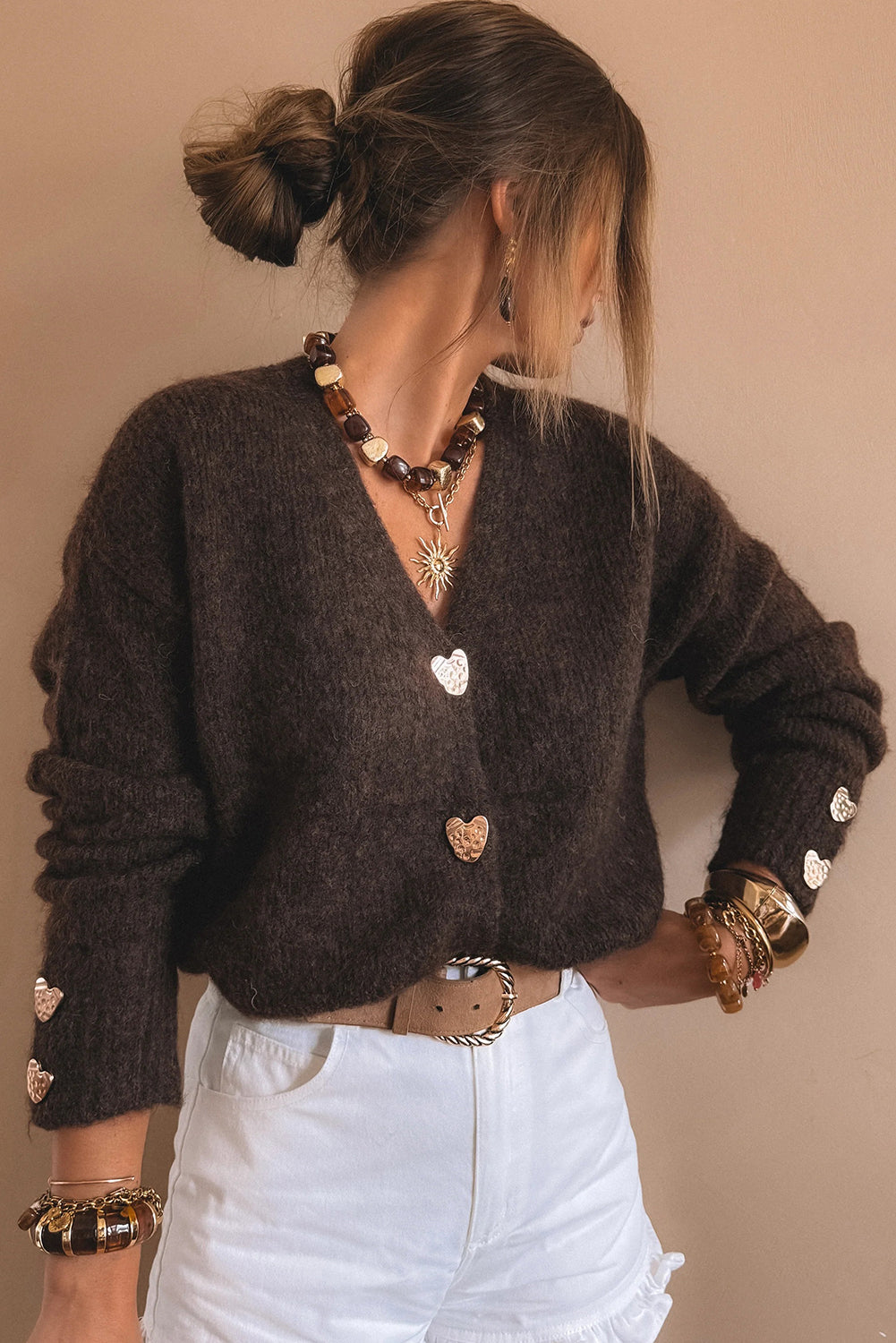 Heart Metal Button V Neck Cardigan Sweater - Cowaa