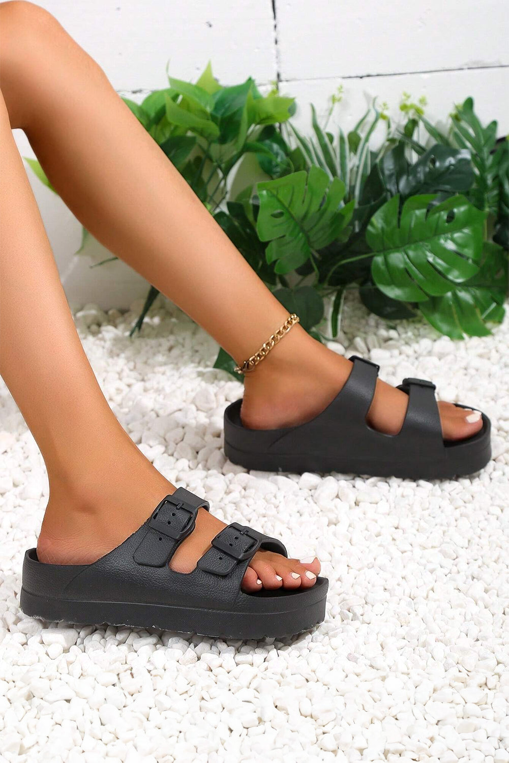Double Buckle Strap Flat Sandels - Cowaa