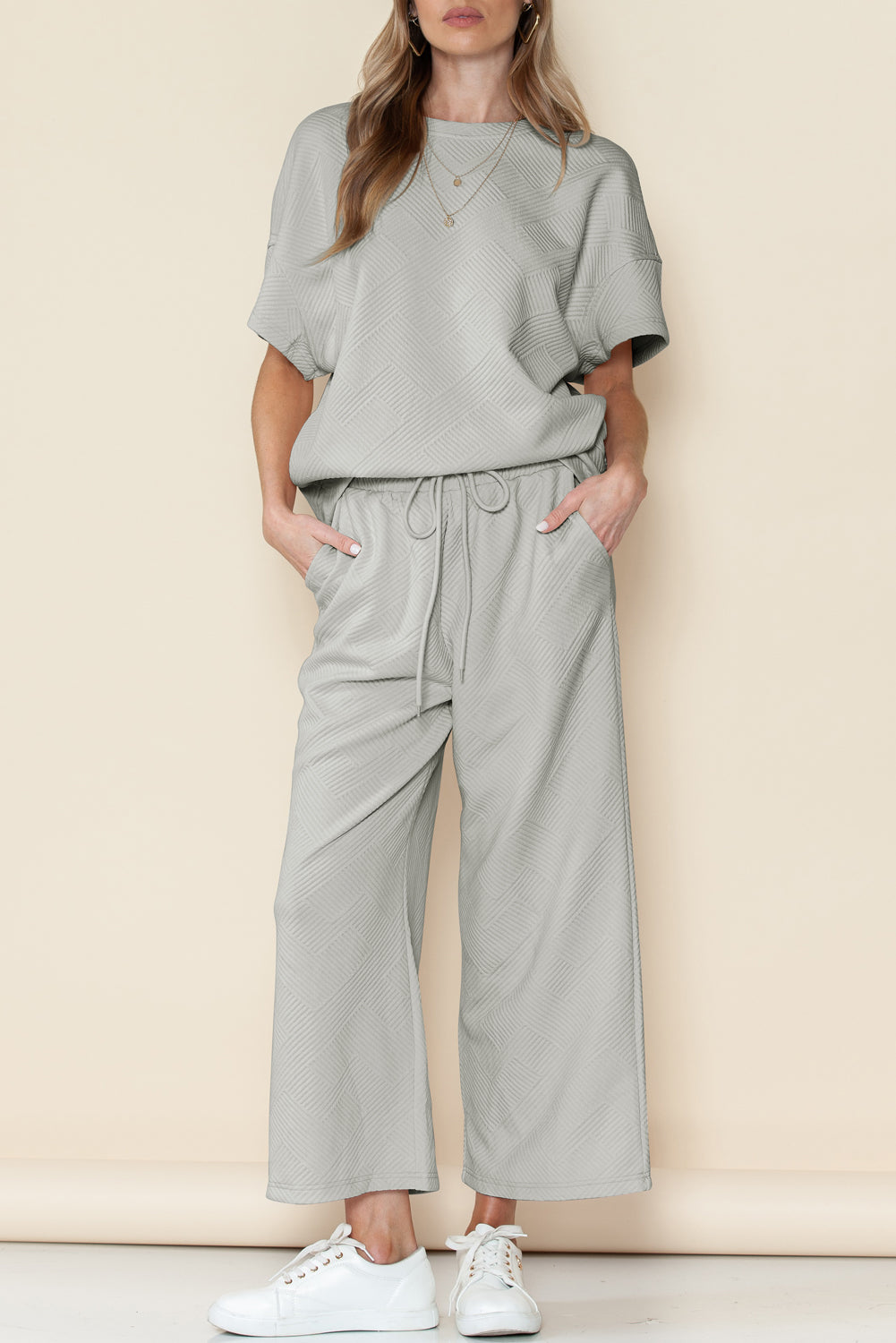 Navy Blue Textured Loose Fit T Shirt and Drawstring Pants Set - Cowaa