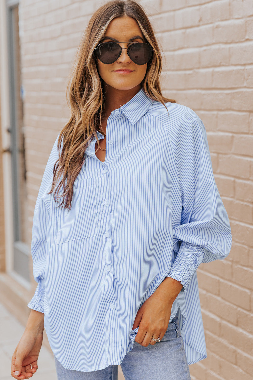 Black Striped Casual Shirred Cuffs Shirt - Cowaa