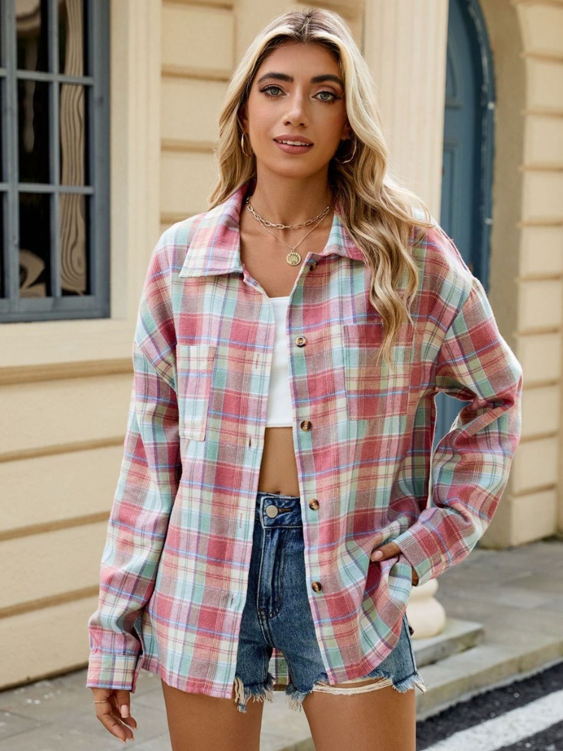 Plaid Collared Neck Long Sleeve Shirt - Cowaa