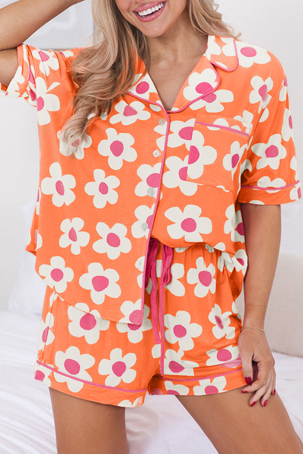 Green Flower Print Buttoned Shirt and Drawstring Waist Pajama Set - Cowaa