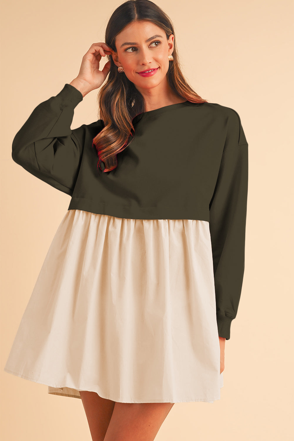 Khaki Sweatshirt 2-in-1 Flowy Pleated Mini Dress - Cowaa
