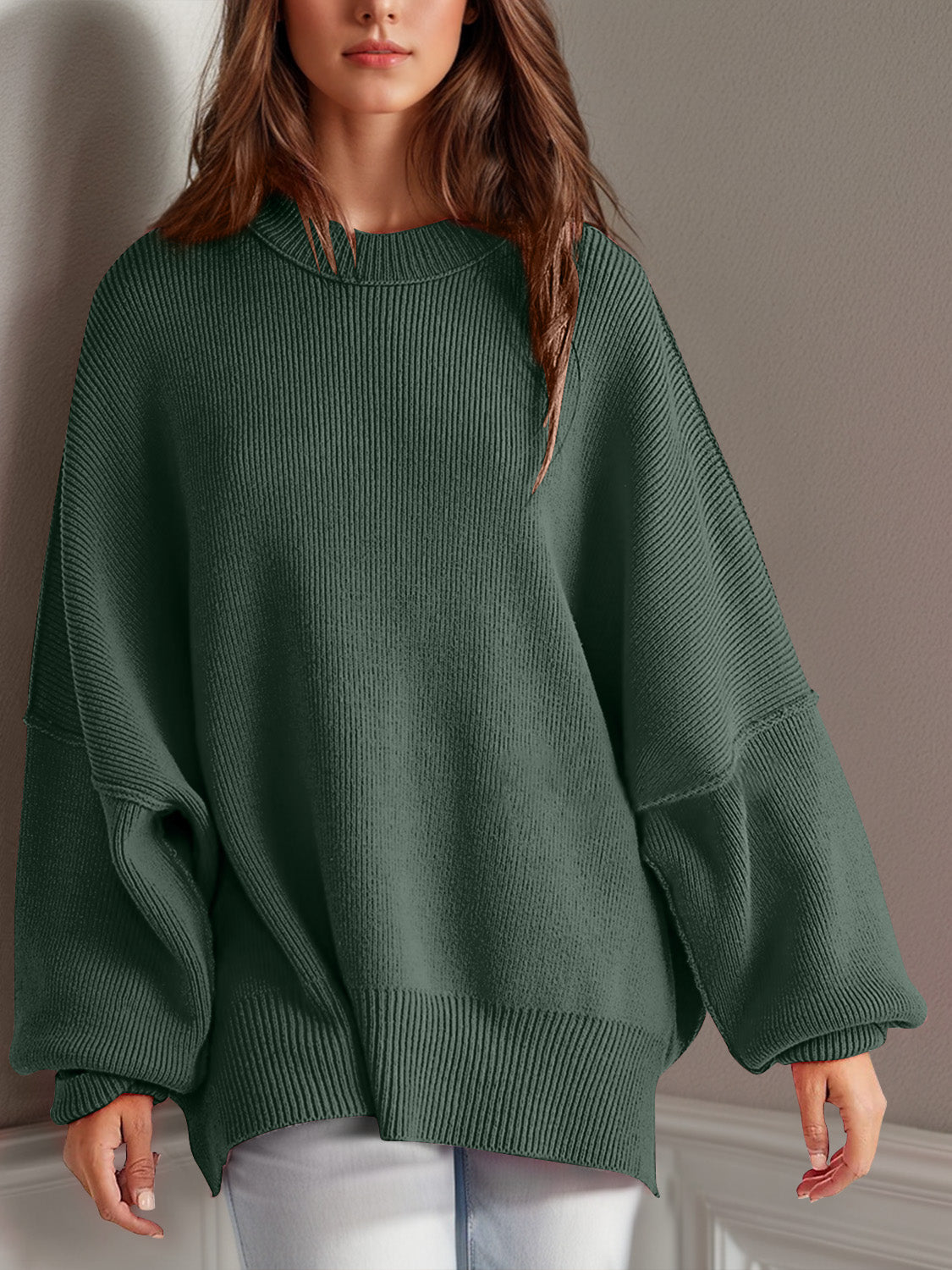Double Take Side Slit Round Neck Long Sleeve Sweater - Cowaa
