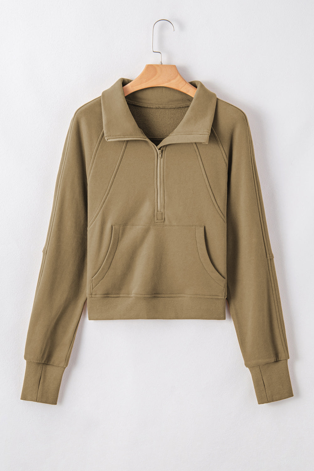 Brown Zip Up Stand Collar Thumbhole Sleeve Sweatshirt - Cowaa
