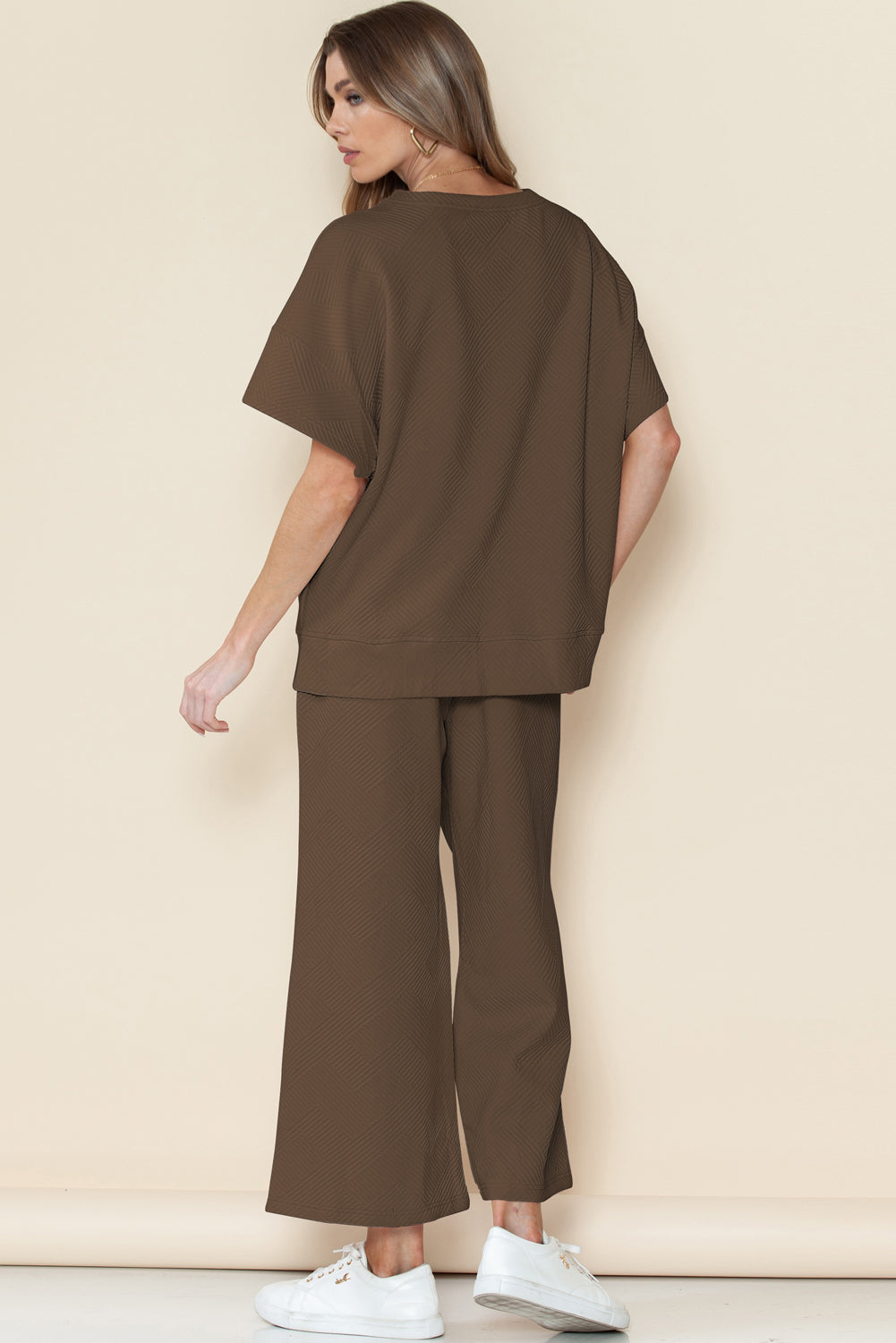 Navy Blue Textured Loose Fit T Shirt and Drawstring Pants Set - Cowaa