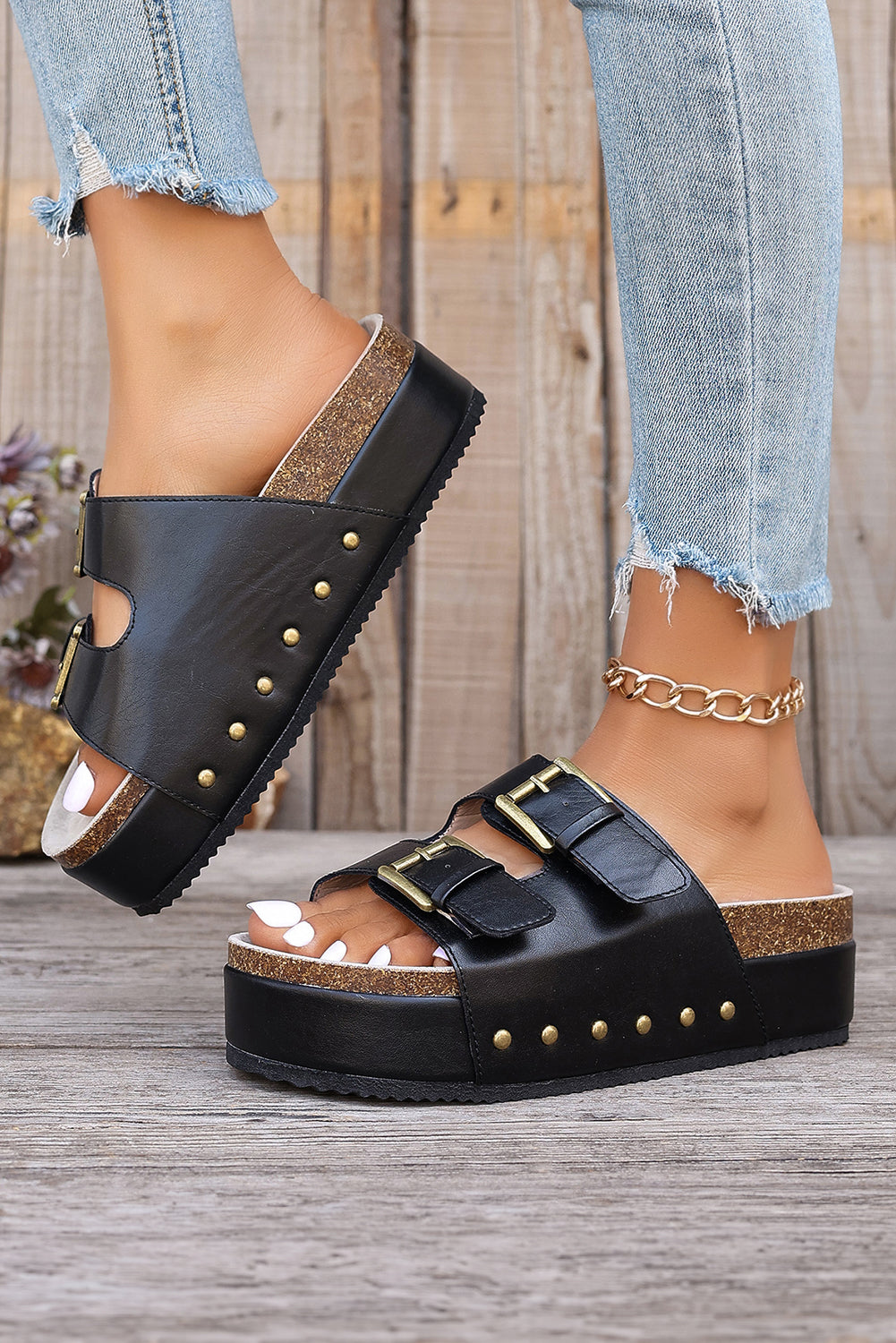 Chestnut Dual Buckle Studded Vintage Platform Sandals - Cowaa