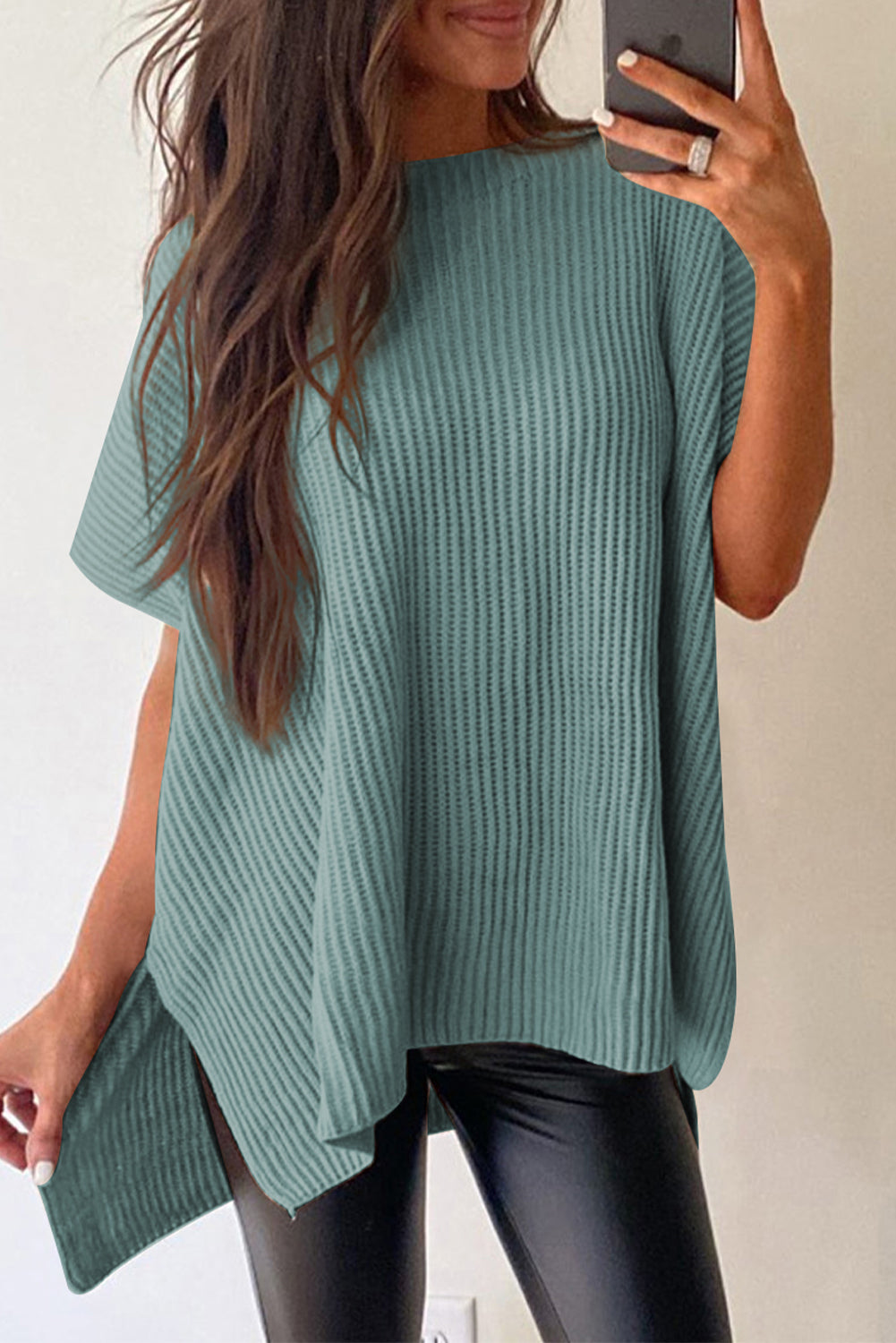 Rose Red Side Slit Short Sleeve Oversized Sweater - Cowaa