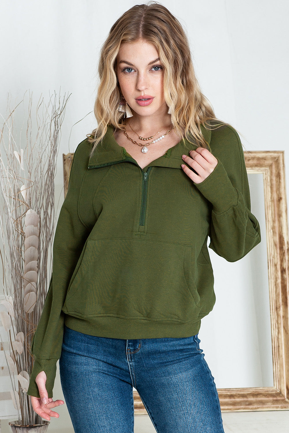 Brown Zip Up Stand Collar Thumbhole Sleeve Sweatshirt - Cowaa