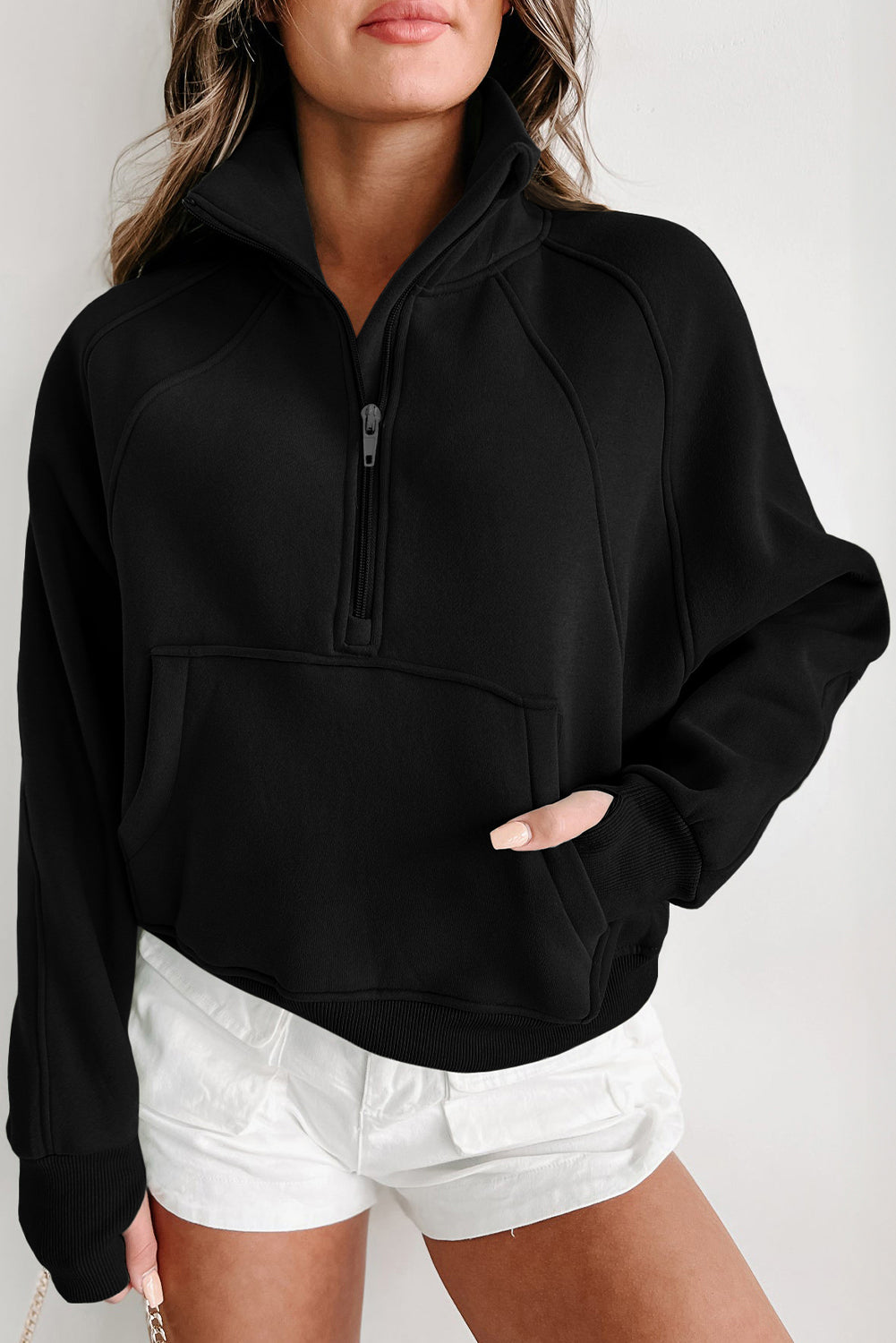 Brown Zip Up Stand Collar Thumbhole Sleeve Sweatshirt - Cowaa