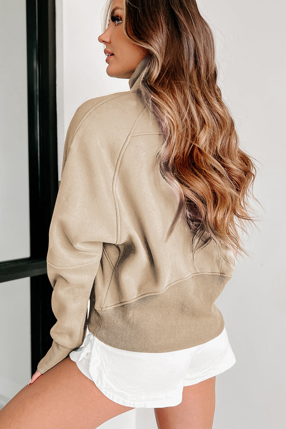 Brown Zip Up Stand Collar Thumbhole Sleeve Sweatshirt - Cowaa