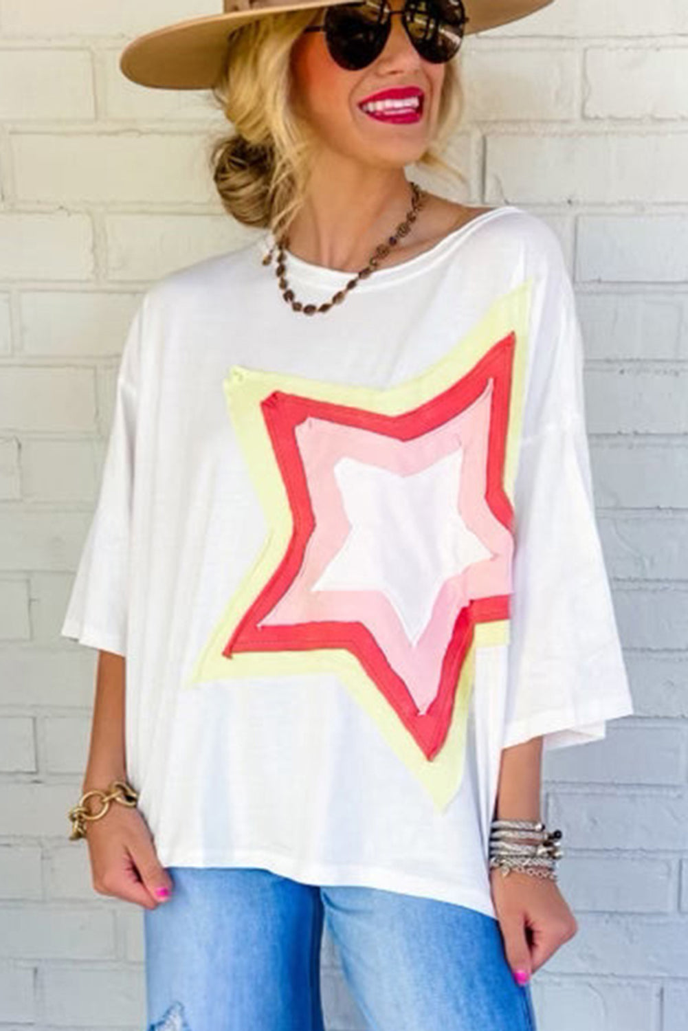 White Colorblock Star Patched Half Sleeve Oversized Tee - Cowaa