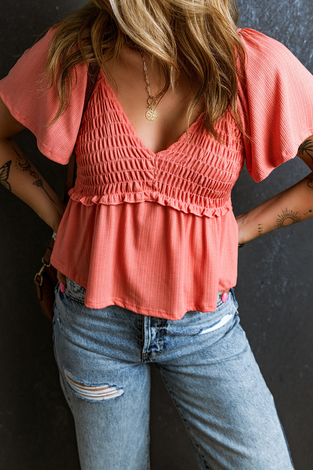 Oatmeal Shirred V Neck Short Flutter Sleeve Textured Blouse - Cowaa