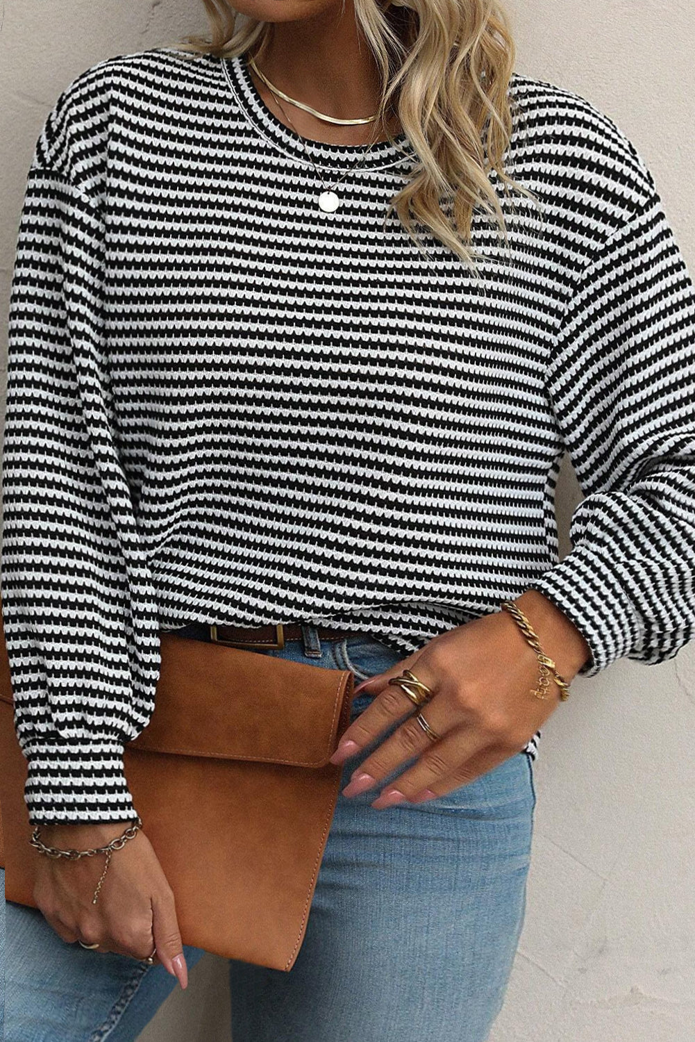 Black Stripe Drop Shoulder Puff Long Sleeve O Neck Plus Size T Shirt - Cowaa