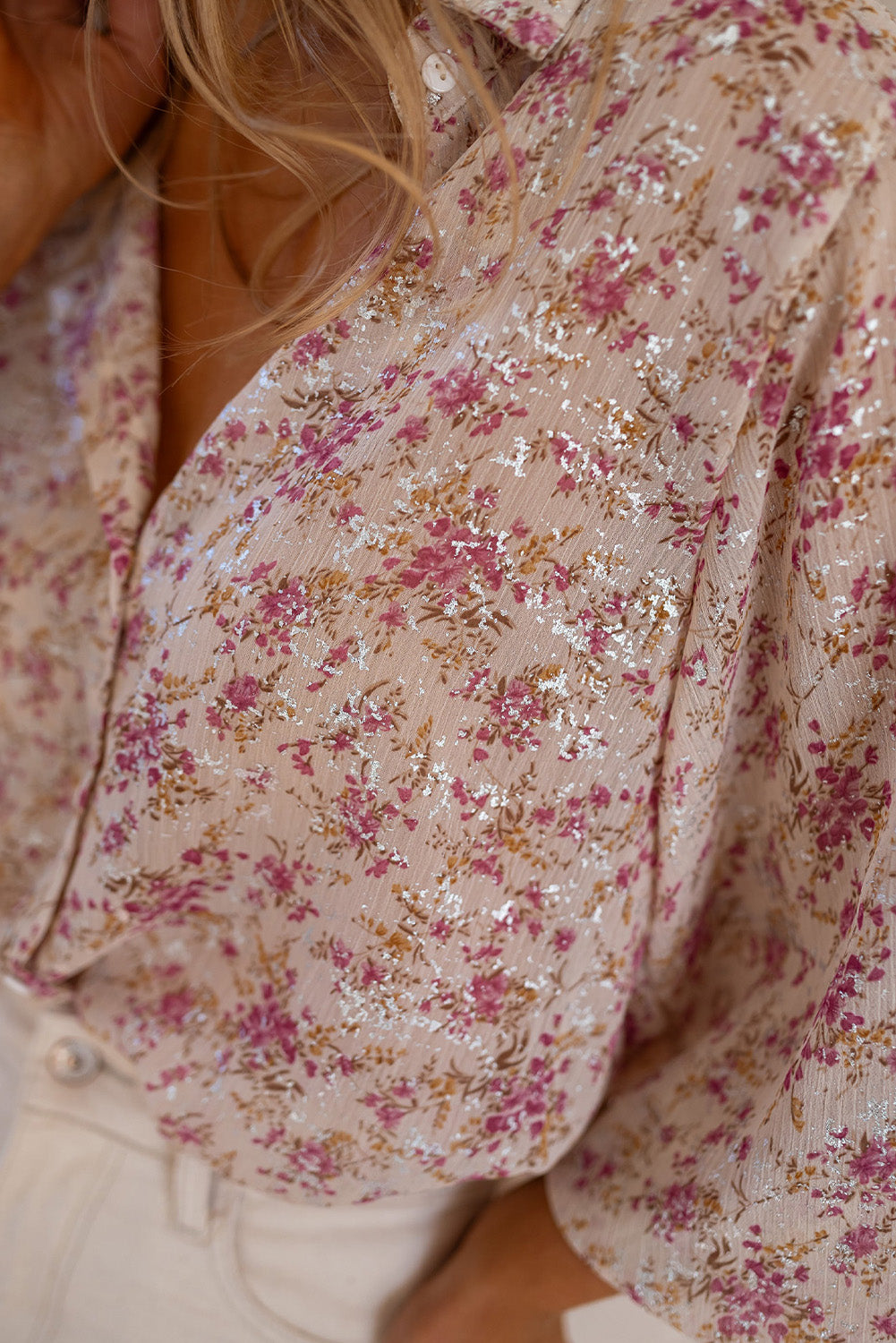 Pink Ditsy Floral Print Bishop Sleeve Collared V Neck Shirt - Cowaa