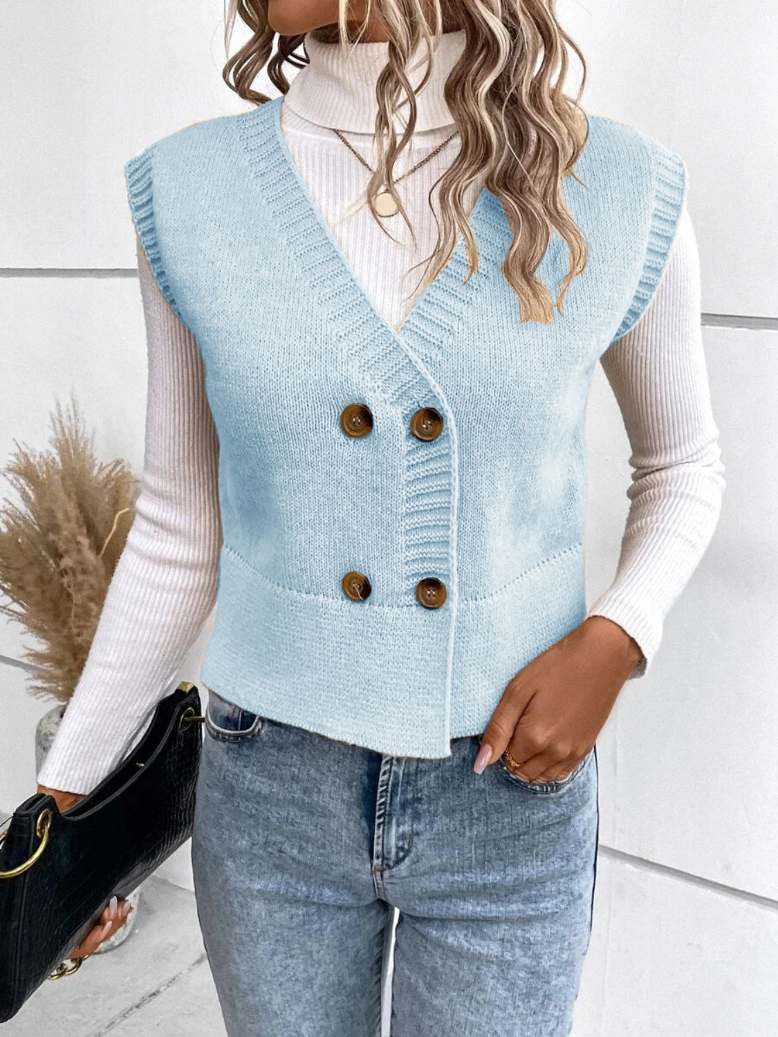 Full Size Button Up V-Neck Sweater Vest - Cowaa