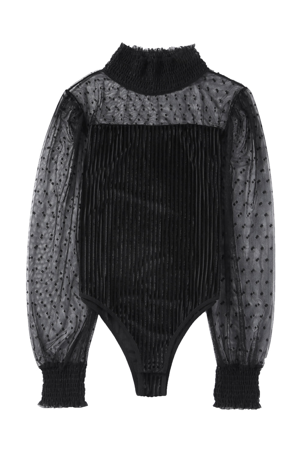 Sheer Dotty Puff Sleeve Ribbed Velvet Bodysuit - Cowaa