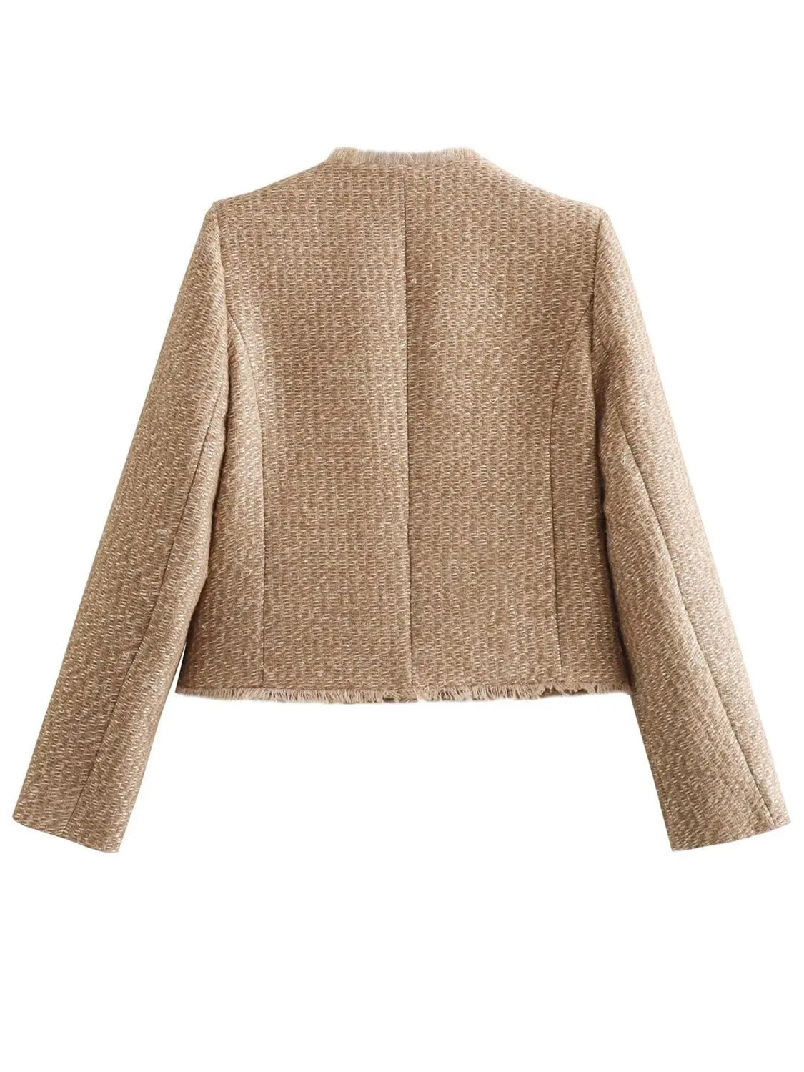 Raw Hem Pocketed Round Neck Jacket - Cowaa