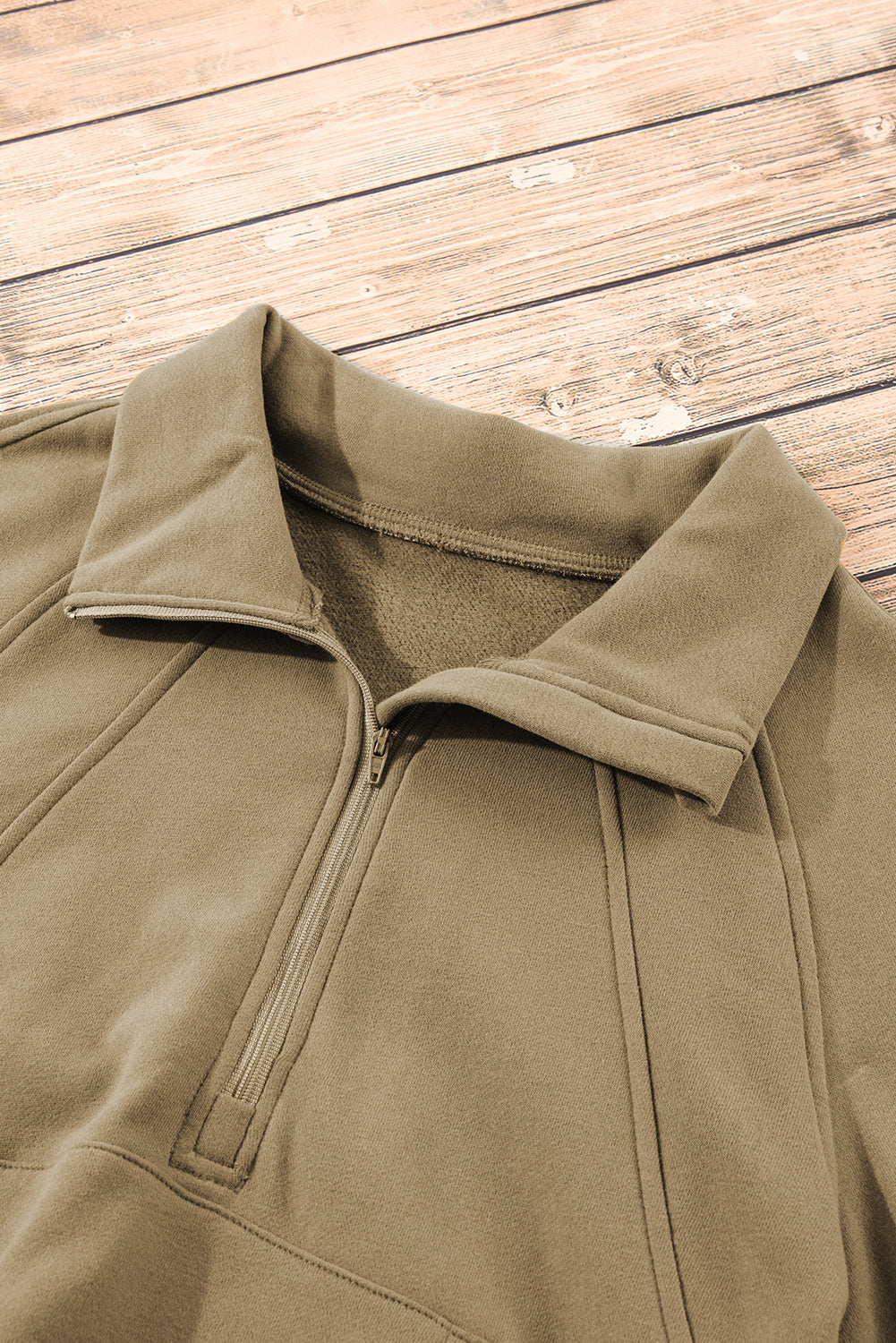 Brown Zip Up Stand Collar Thumbhole Sleeve Sweatshirt - Cowaa