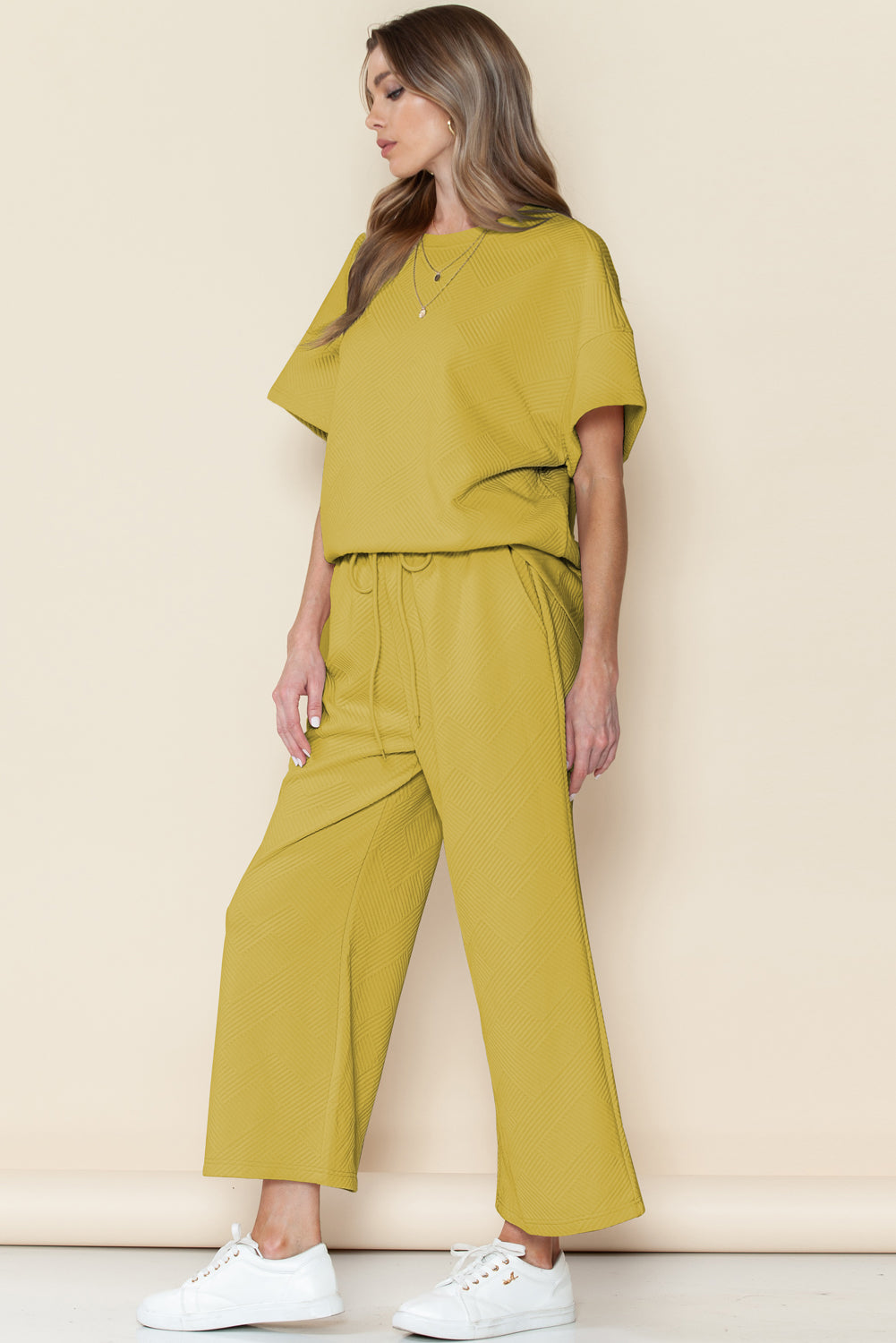 Navy Blue Textured Loose Fit T Shirt and Drawstring Pants Set - Cowaa