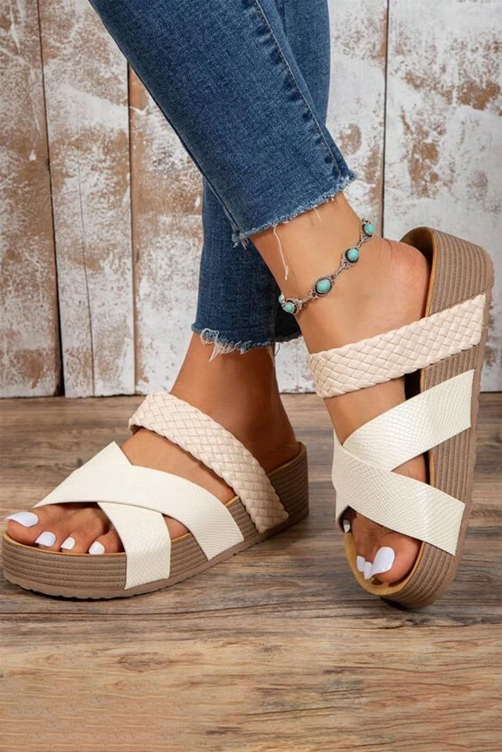 Beige Braided Detail Criss Cross Platform Sandals - Cowaa