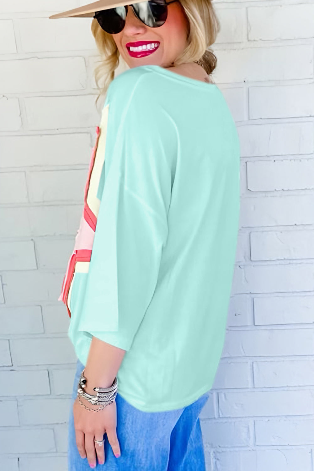 White Colorblock Star Patched Half Sleeve Oversized Tee - Cowaa
