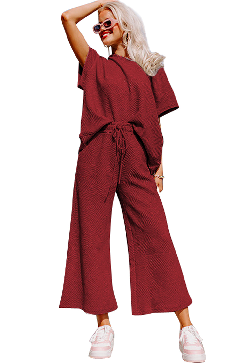 Navy Blue Textured Loose Fit T Shirt and Drawstring Pants Set - Cowaa