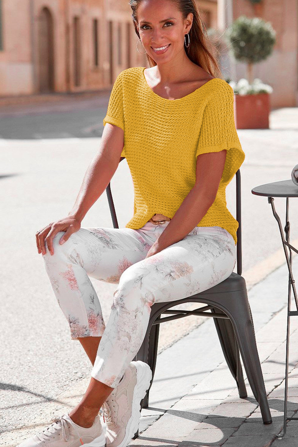 Pink Plain Knit Loose Batwing Sleeve Blouse - Cowaa