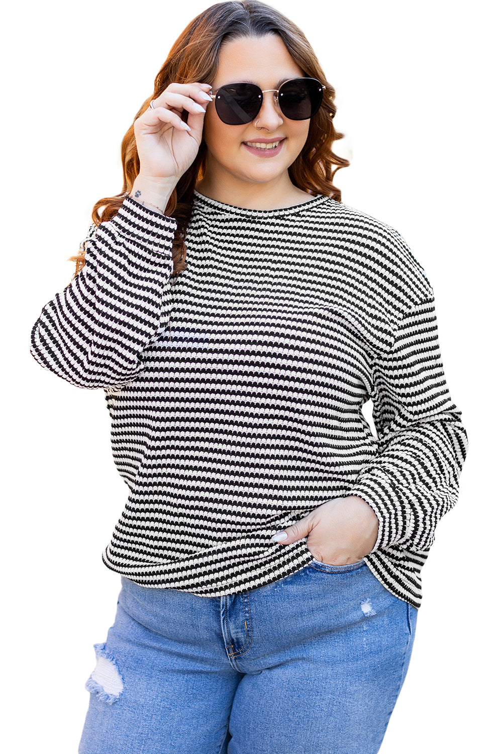 Black Stripe Drop Shoulder Puff Long Sleeve O Neck Plus Size T Shirt - Cowaa