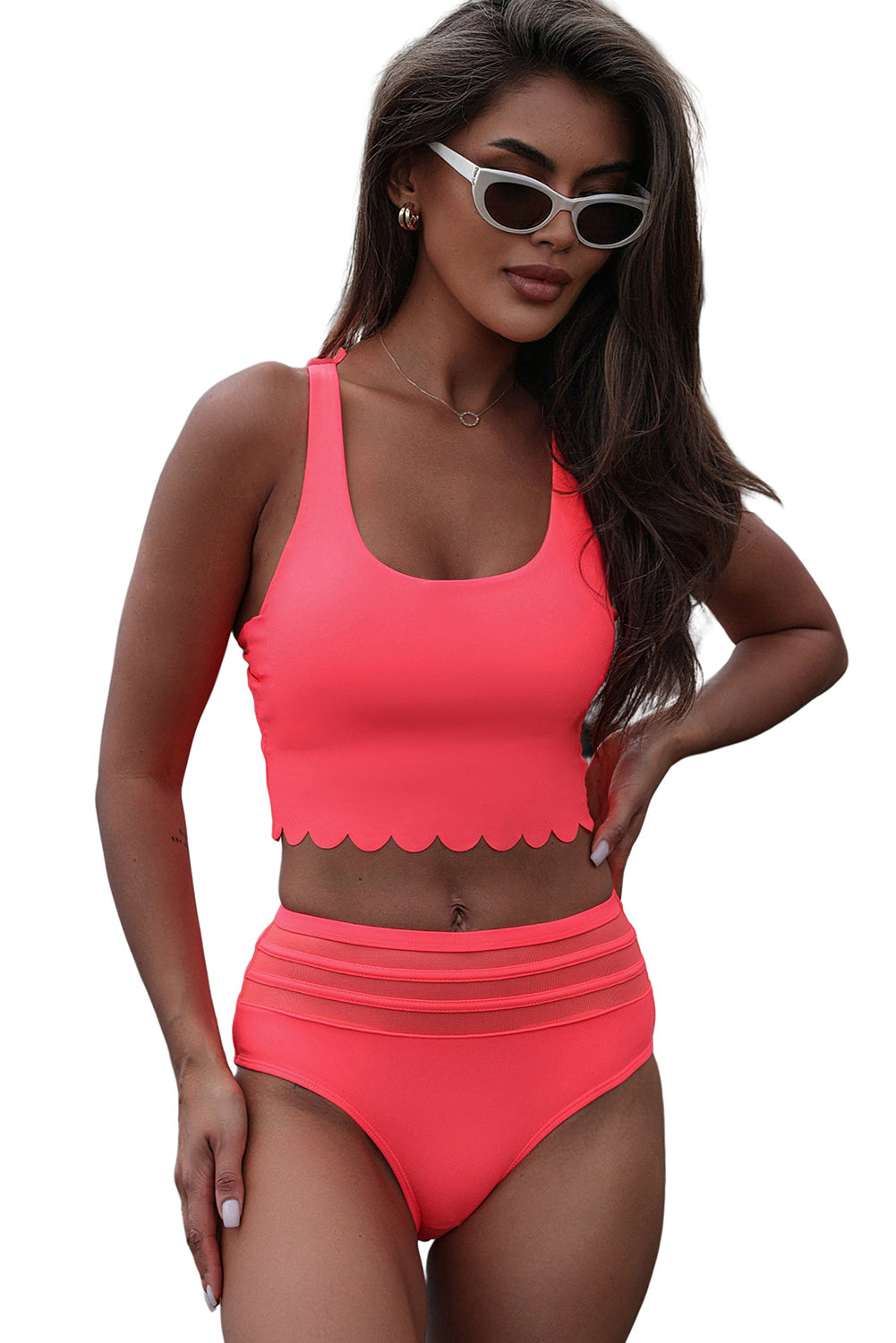 Pink Scalloped Criss Cross High Waist Bikini - Cowaa