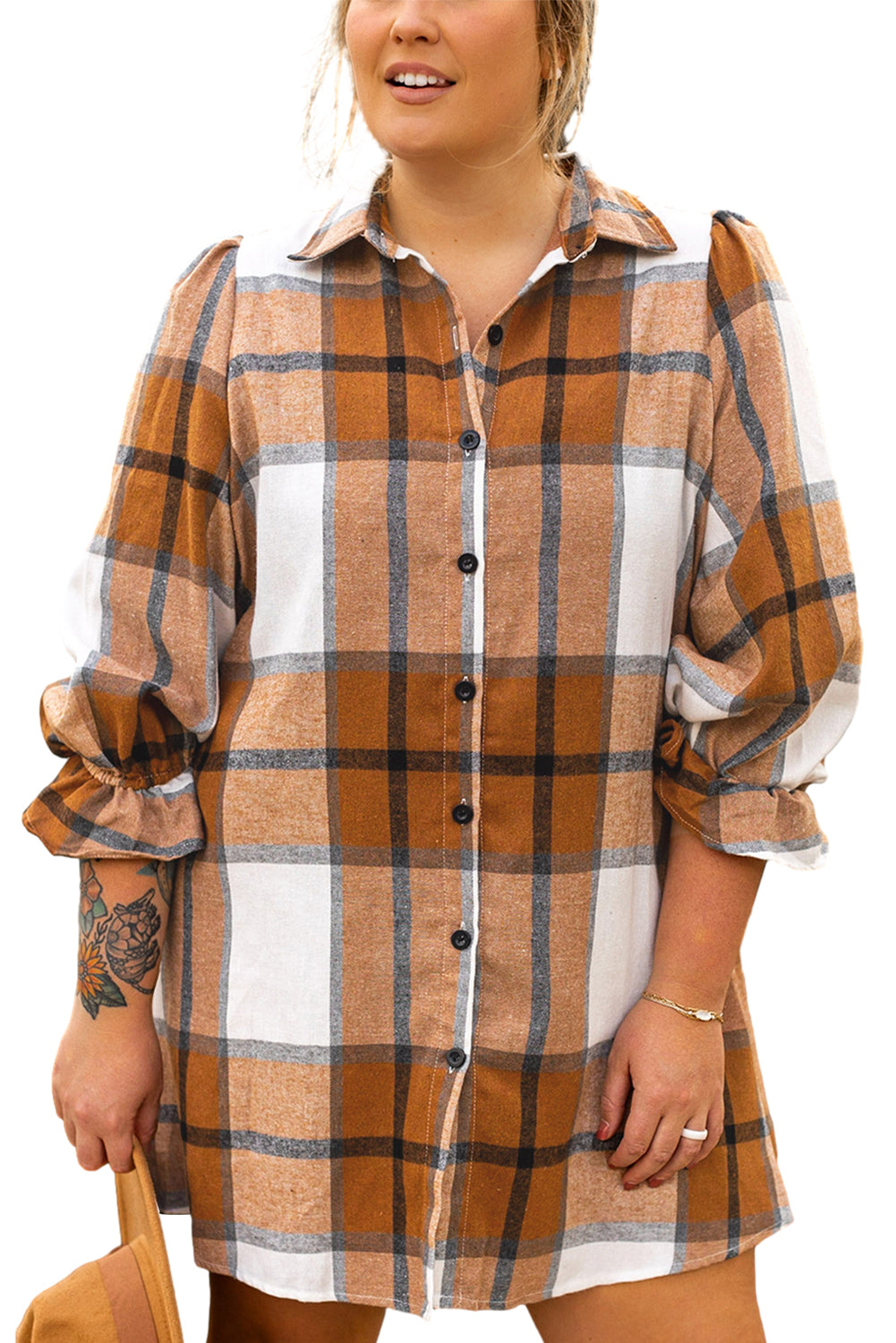 Khaki Plus Size Plaid Flounce Sleeve Button up Shirt Dress - Cowaa