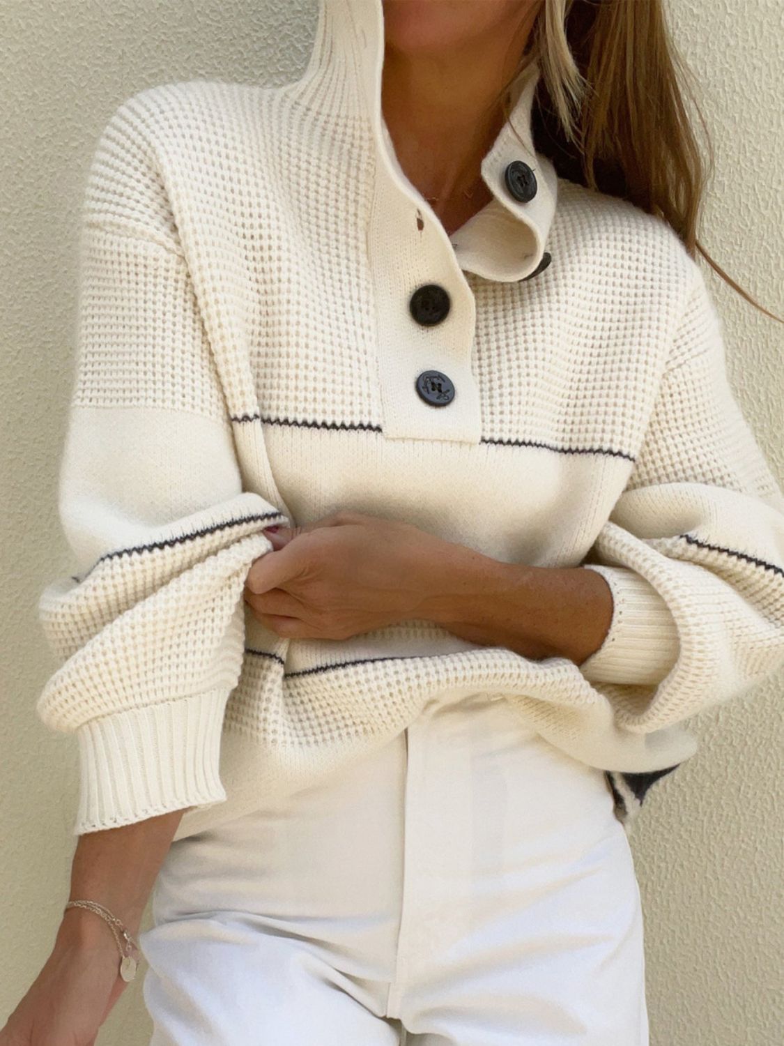 Cream Waffle-Knit Half Button Long Sleeve Sweater