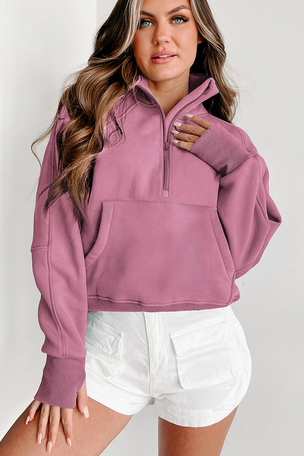 Brown Zip Up Stand Collar Thumbhole Sleeve Sweatshirt - Cowaa