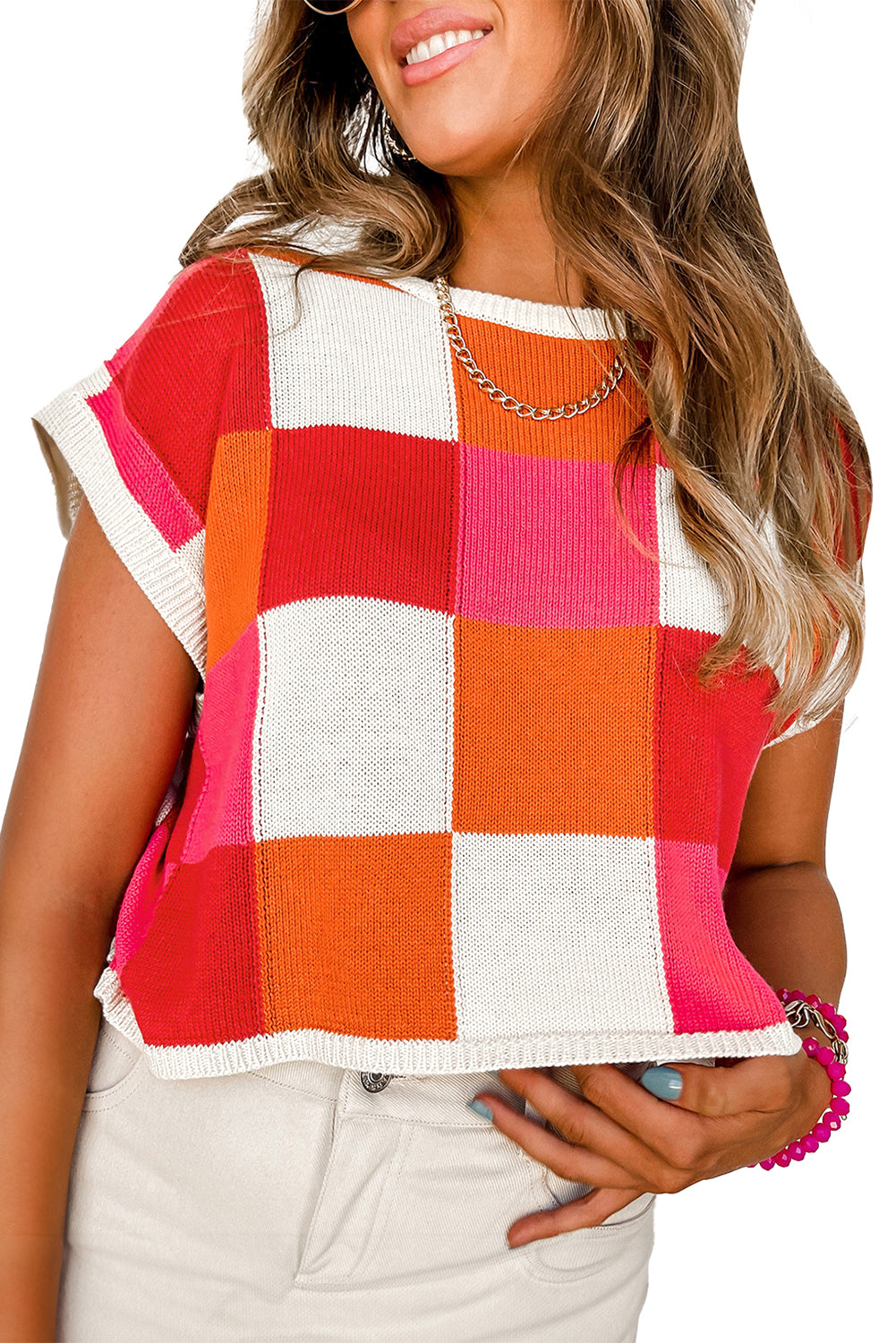 Fiery Red Checkered Color Block Cap Sleeve Knitted Top - Cowaa