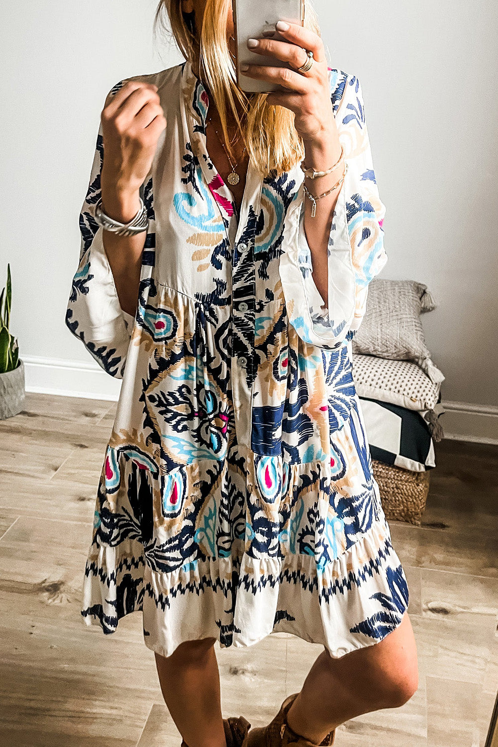 White Ethnic Print Boho Button Tiered Mini Dress - Cowaa