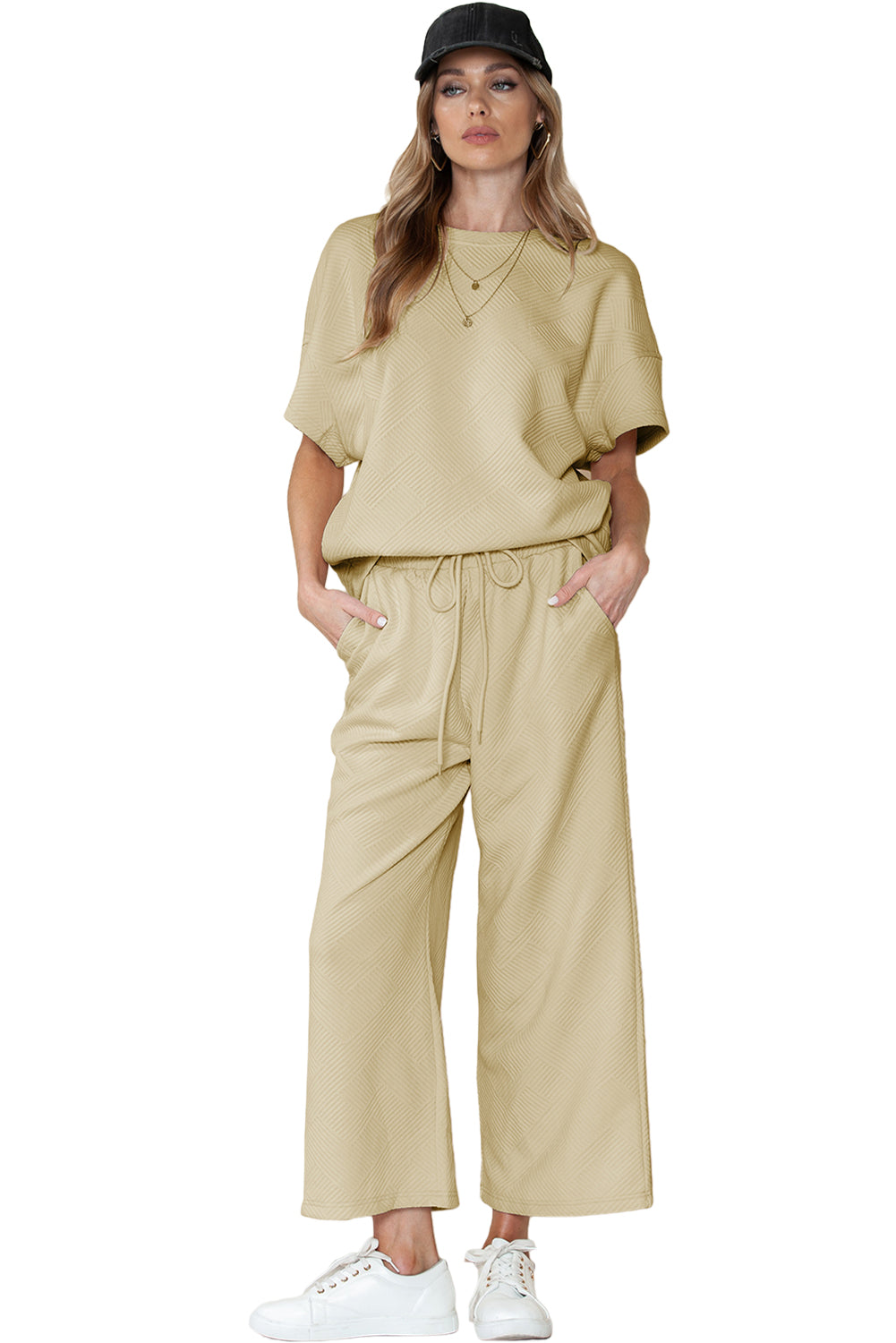 Navy Blue Textured Loose Fit T Shirt and Drawstring Pants Set - Cowaa