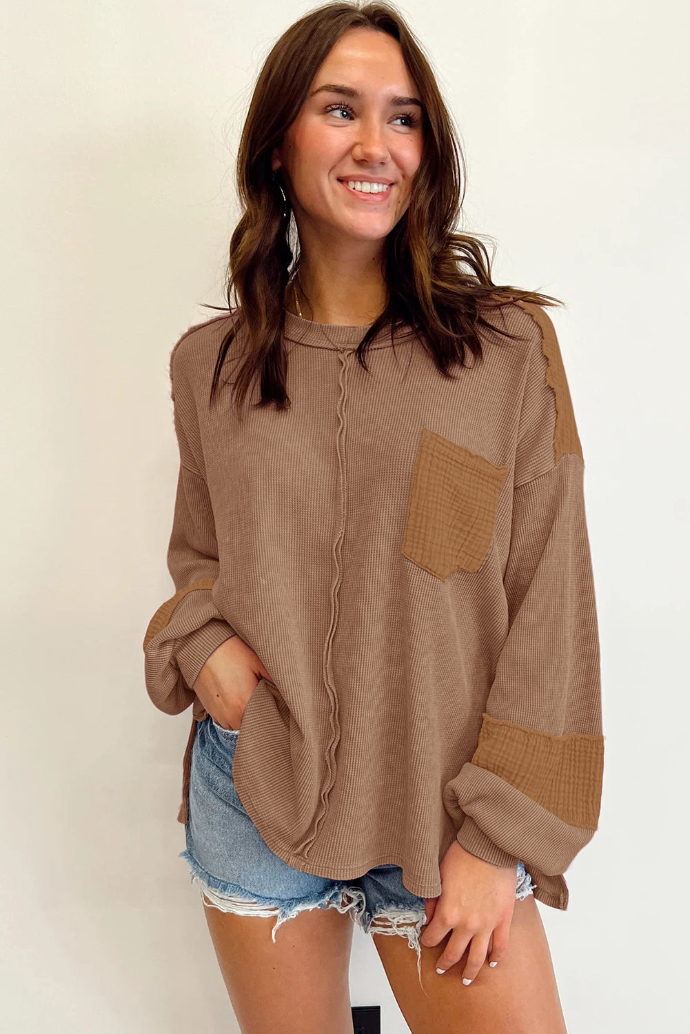 Crinkle Patchwork Long Sleeve Top - Cowaa