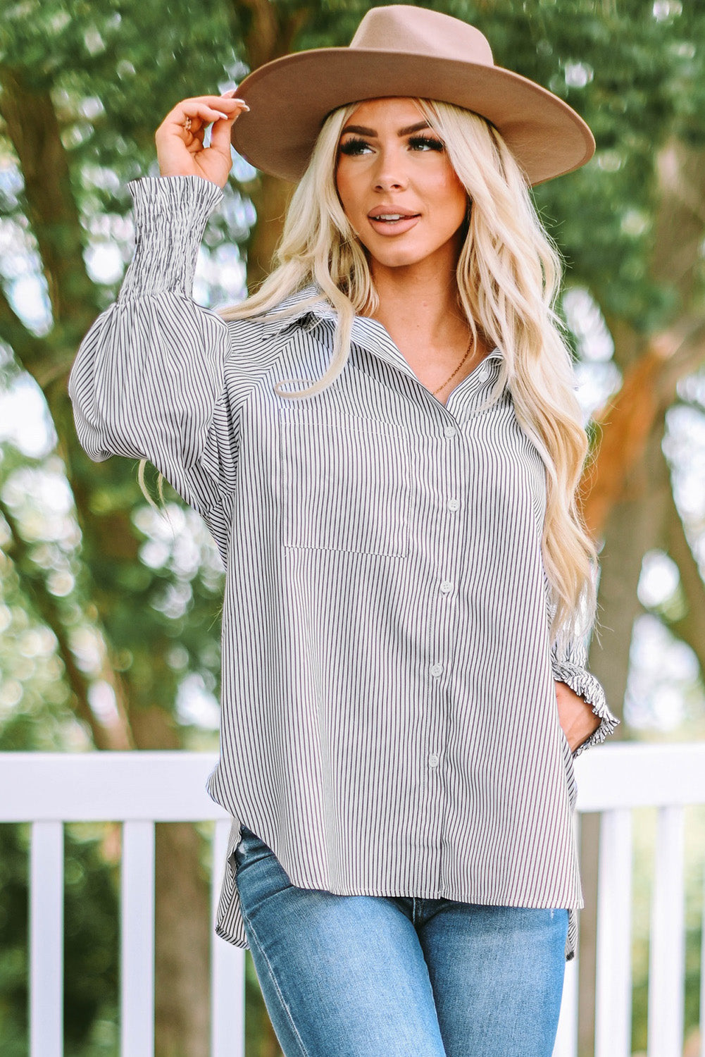 Black Striped Casual Shirred Cuffs Shirt - Cowaa