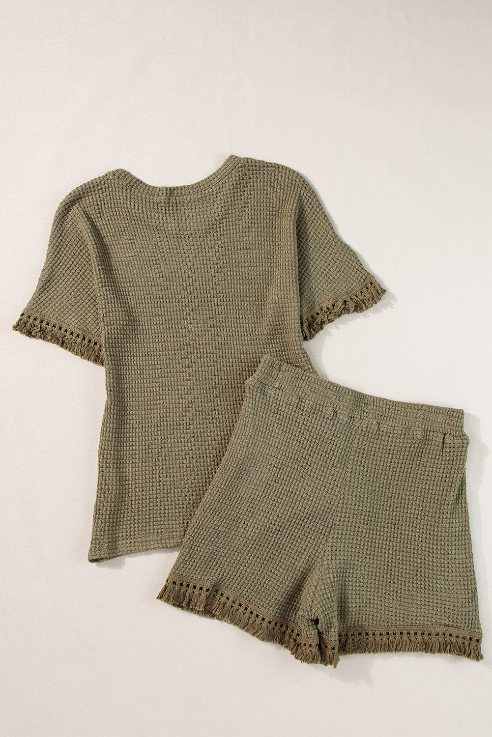 Beige Fringe Trim Waffle Knit Textured Shorts Set - Cowaa