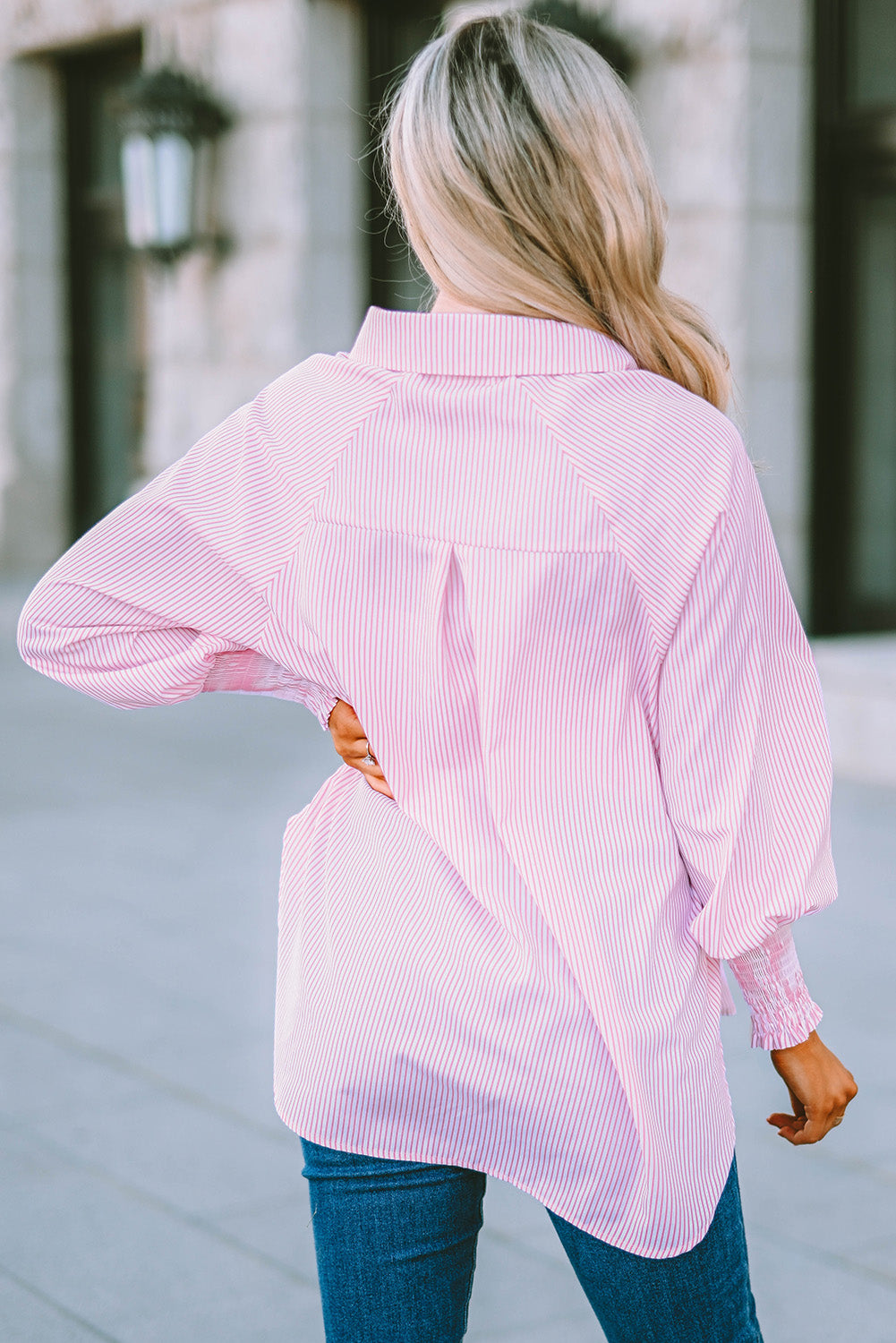 Black Striped Casual Shirred Cuffs Shirt - Cowaa