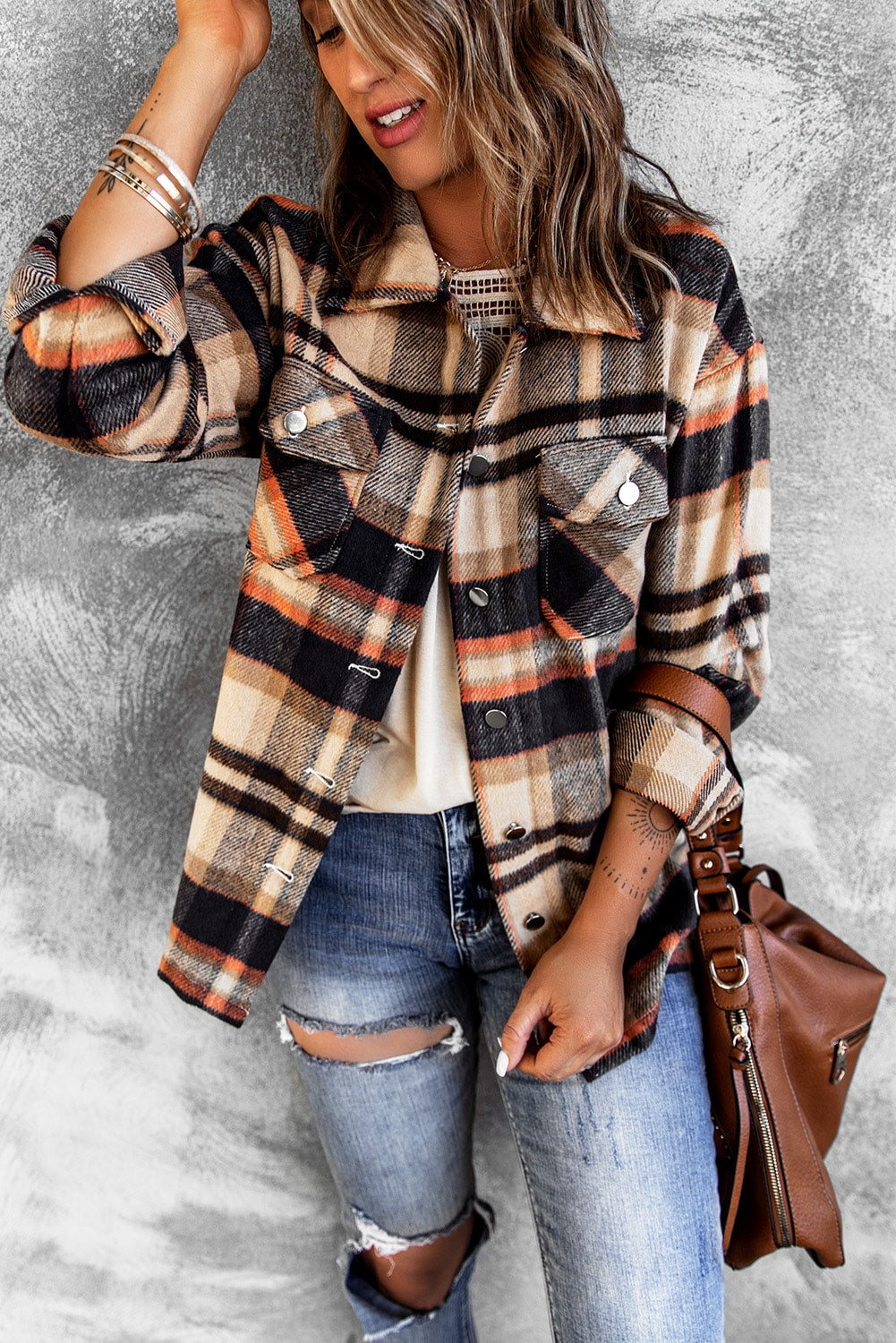 Plaid Button Front Pocket Shirt Shacket - Cowaa