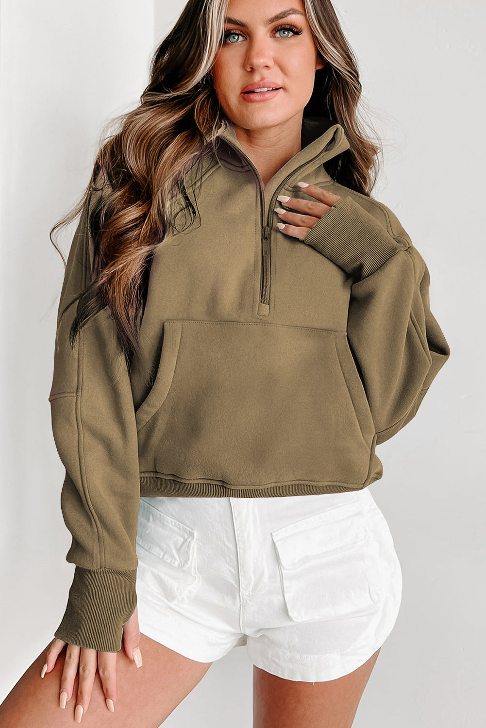 Brown Zip Up Stand Collar Thumbhole Sleeve Sweatshirt - Cowaa