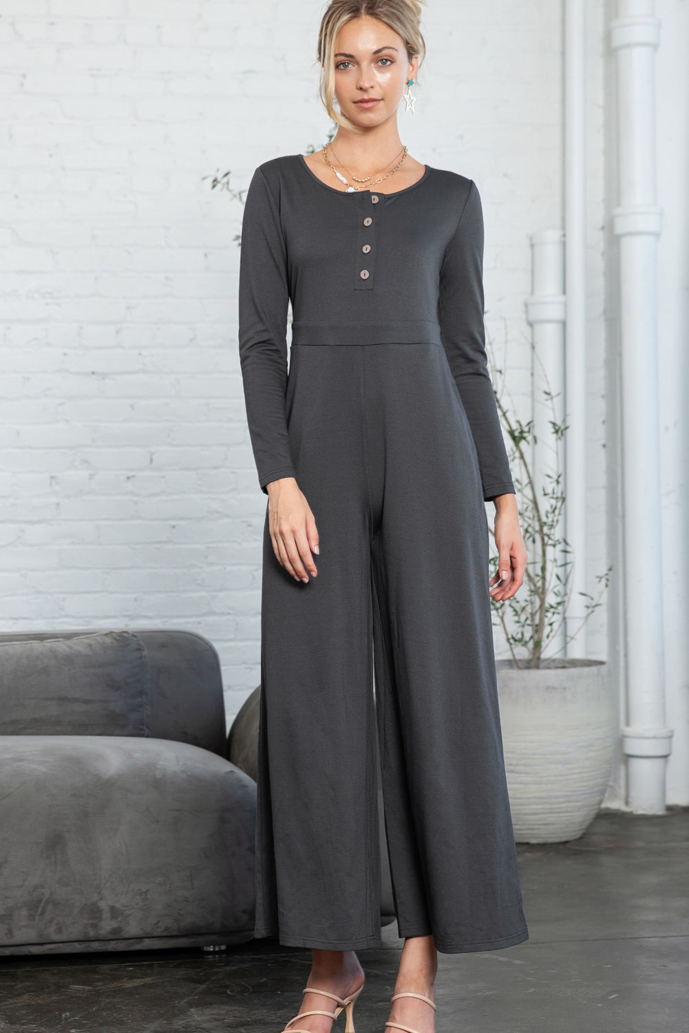 Dark Grey Henley Long Sleeve Wide Leg Jumpsuit with Pockets - Cowaa