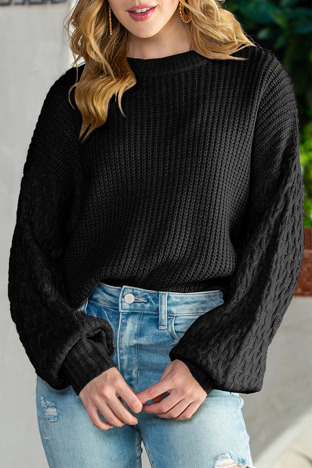 Parchment Chunky Knit Sleeve Drop Shoulder Sweater - Cowaa