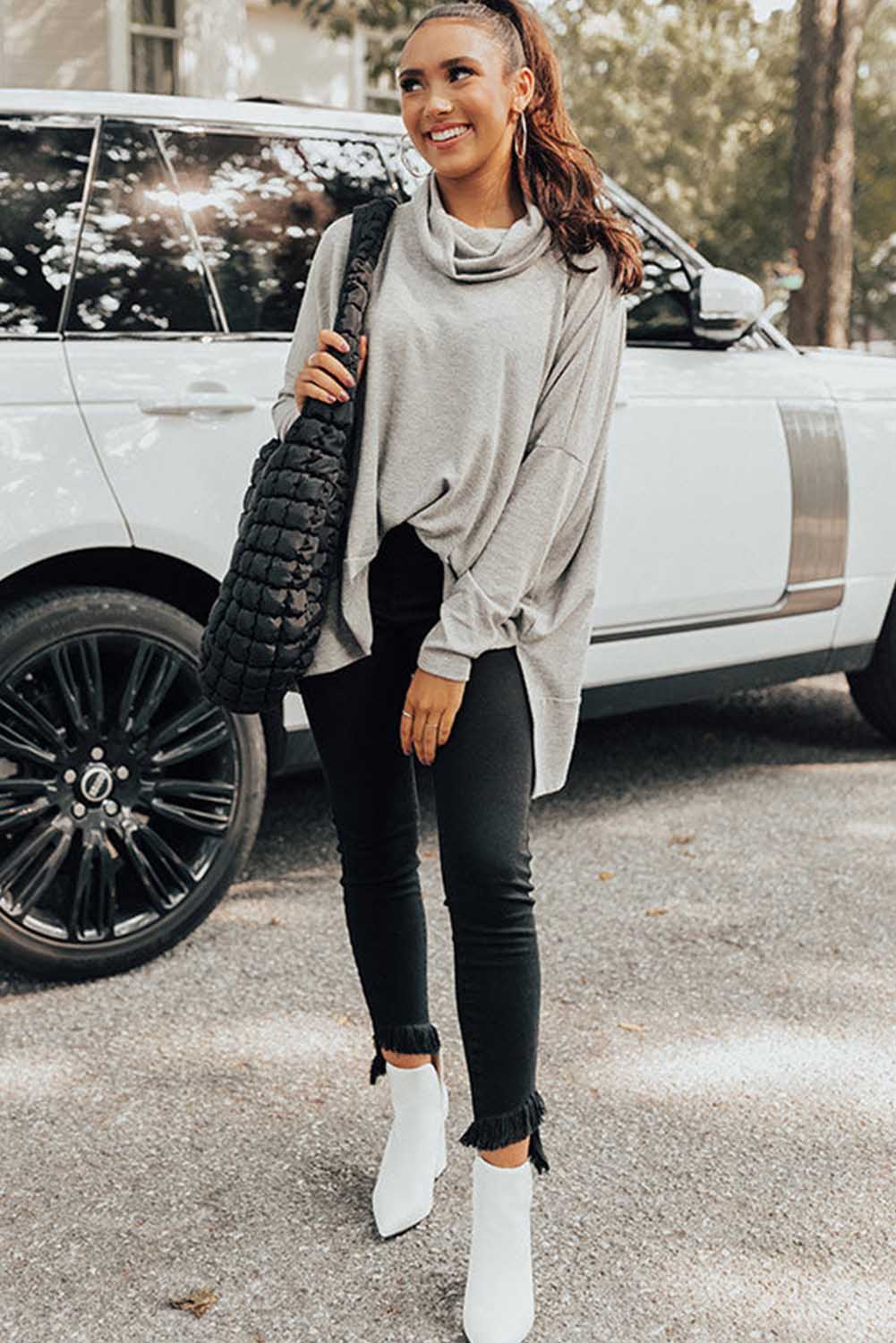 Cowl Neck Loose Fit Tunic Long Sleeve Top - Cowaa
