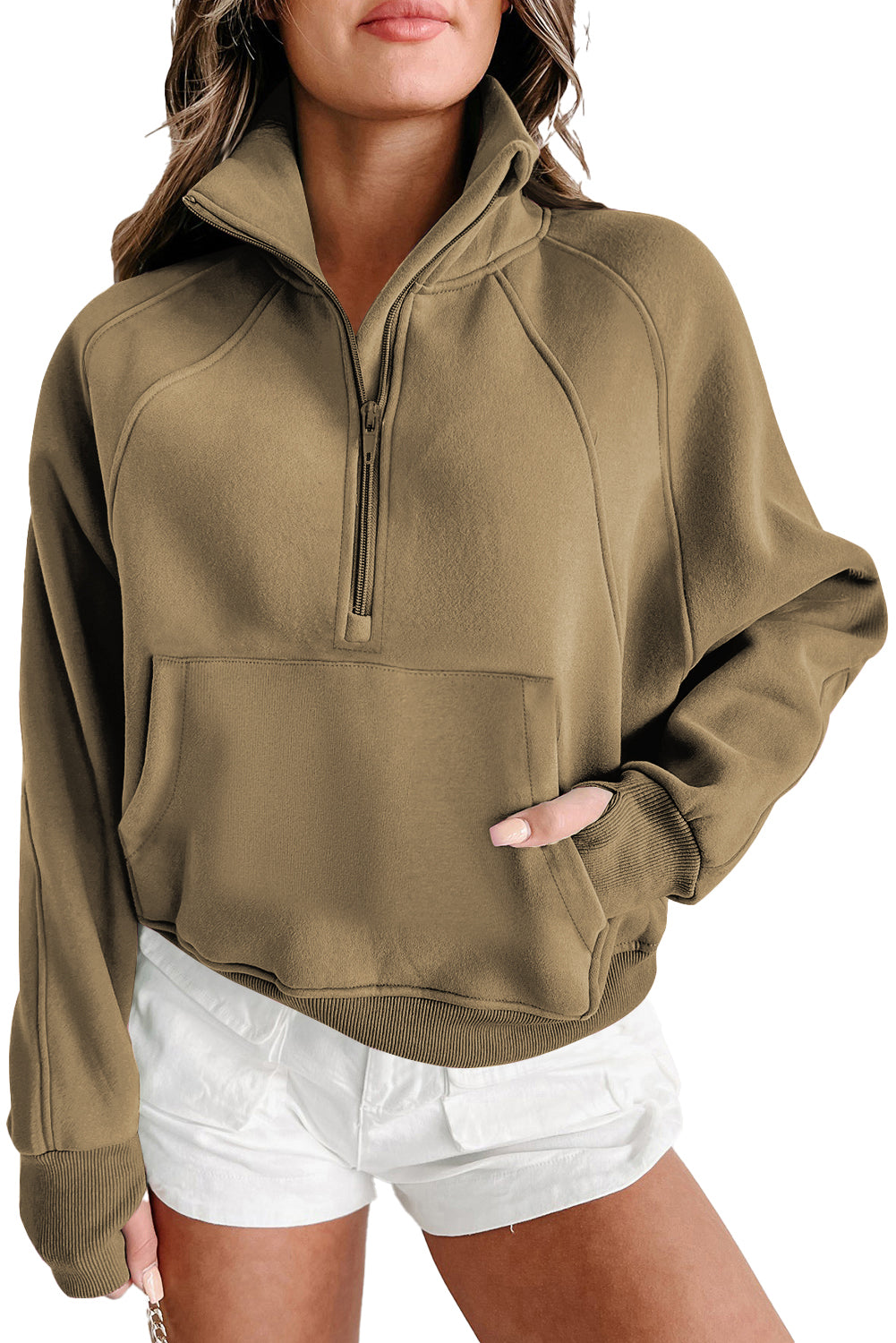 Brown Zip Up Stand Collar Thumbhole Sleeve Sweatshirt - Cowaa