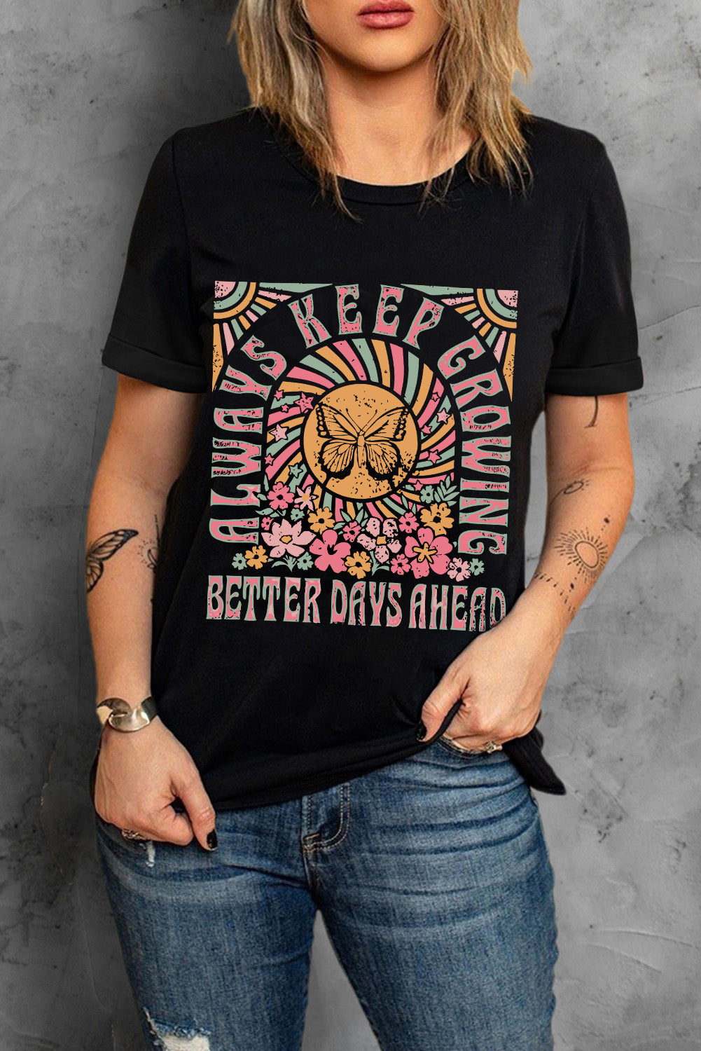 Black Always Keep Growing Butterfly Flower Graphic Tee - Cowaa